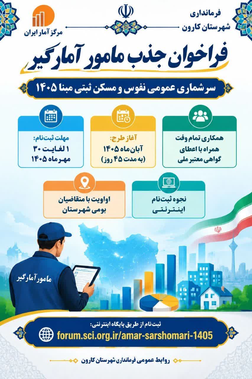 فراخوان جذب مامور آمارگیر در برای اجرای سرشماری عمومی نفوس و مسکن ثبتی مبنا ۱۴۰۵